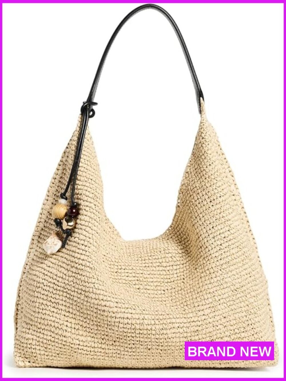 Hobo Shoulder Bag In Raffia Boho Chic Casual Everyday Leather Trim